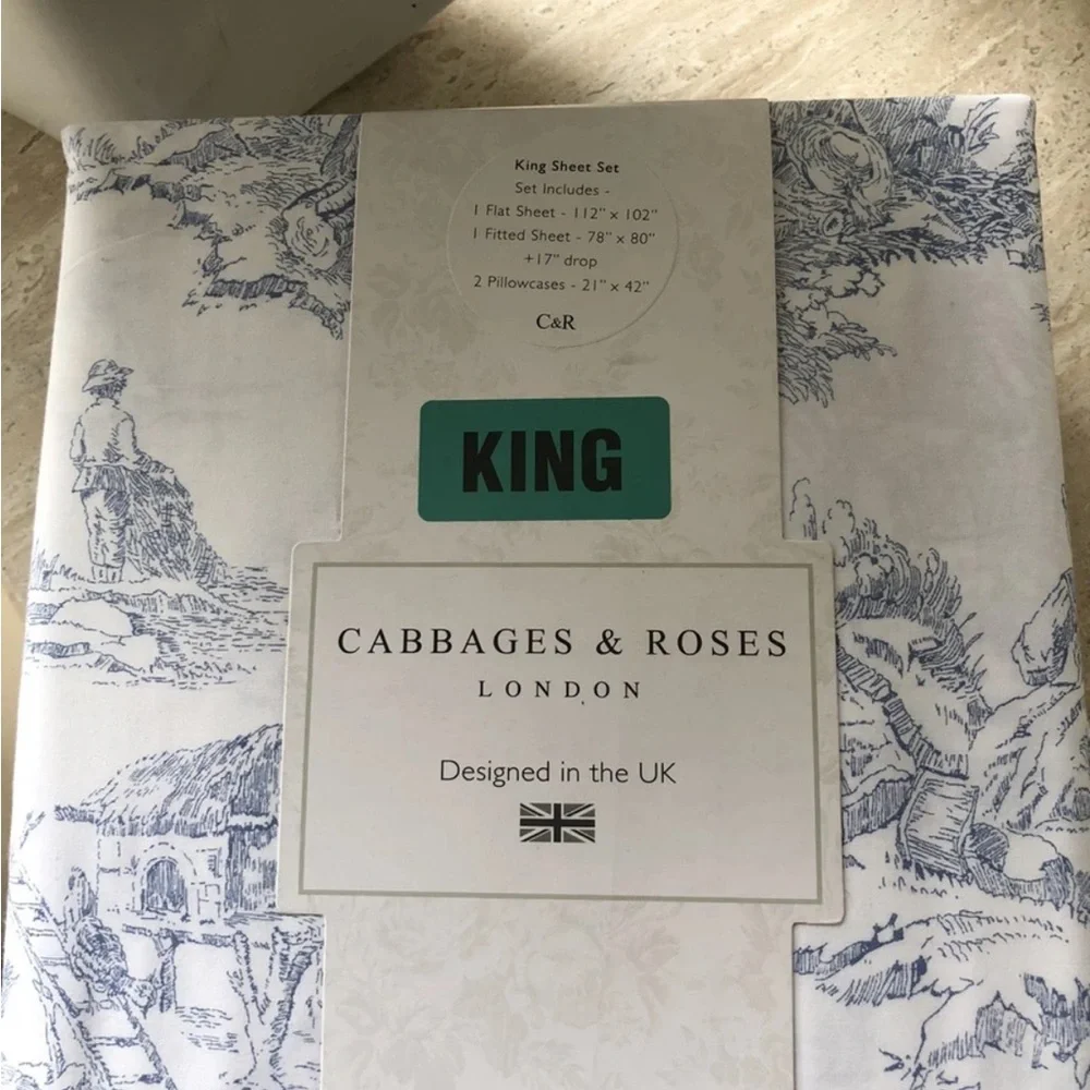 Cabbages & Roses COUNTRY TOILE BLUE White COTTON Percale KING XDP SHEET Set 4 Pc